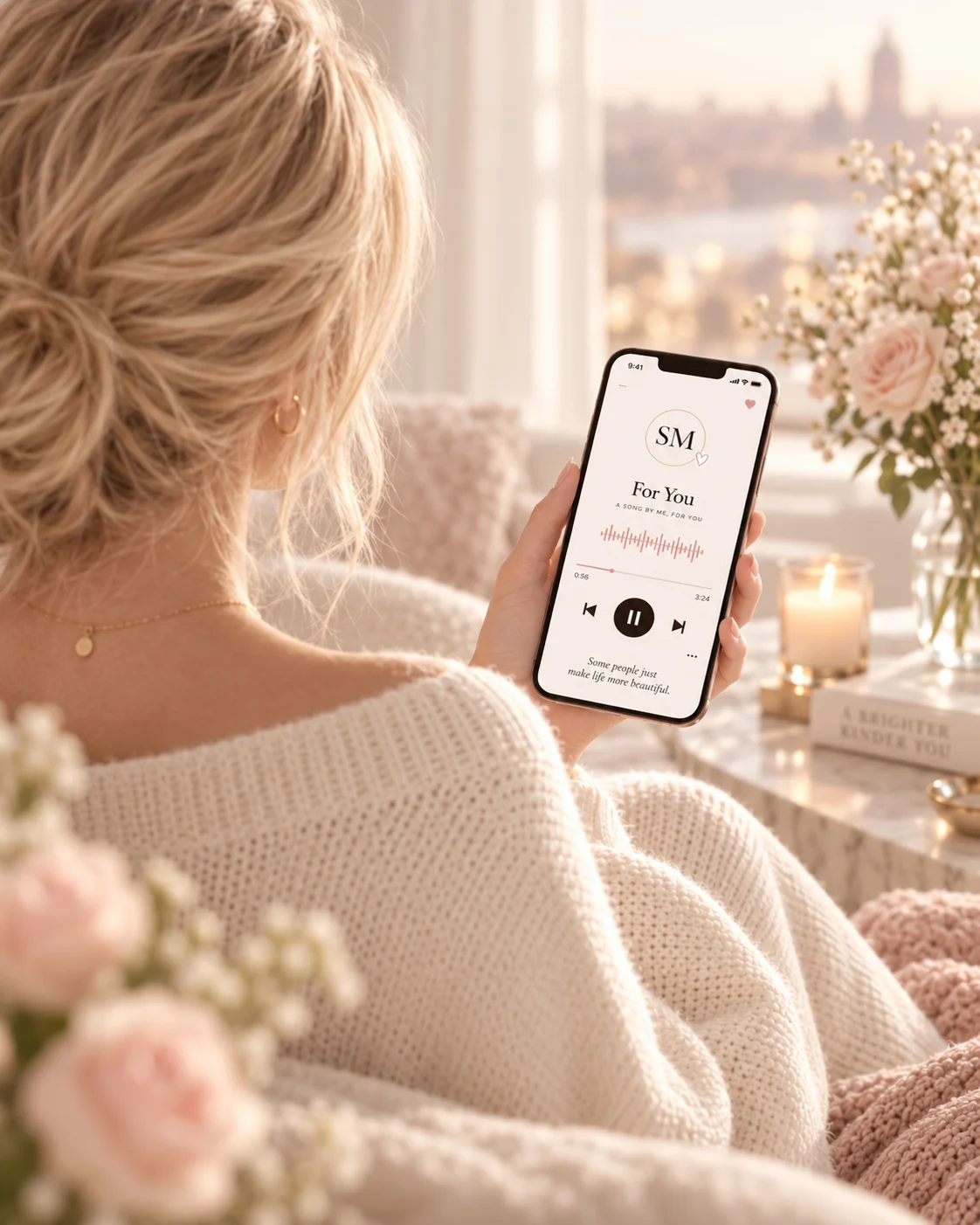 A woman holding her phone, listening to a personalized song called 'For You' from Studio by Maggie