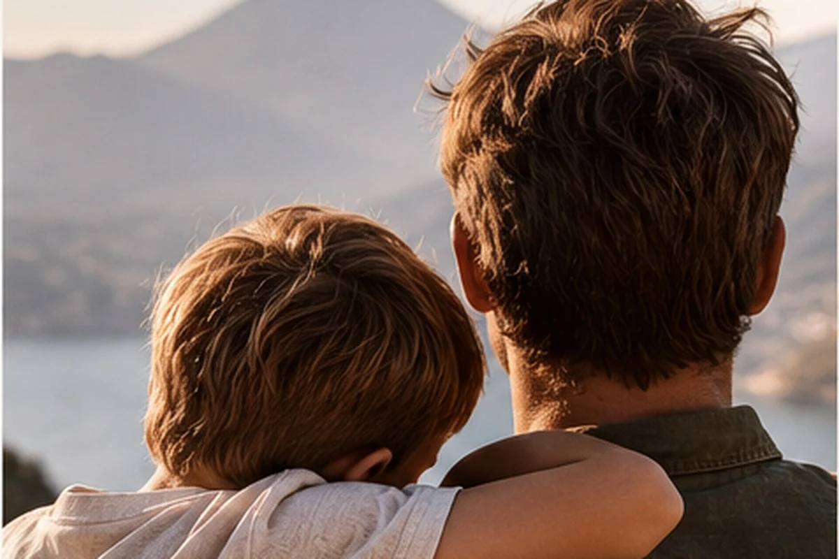 A father and son looking out at the mountains together