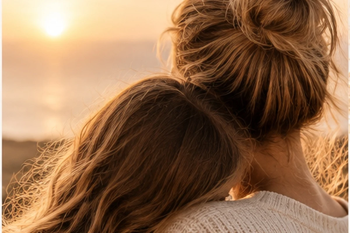 A daughter resting her head on her mother's shoulder at sunset