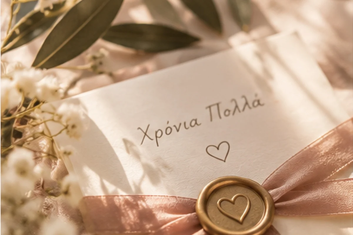 A handwritten name-day card with a wax seal, ribbon, and olive branches
