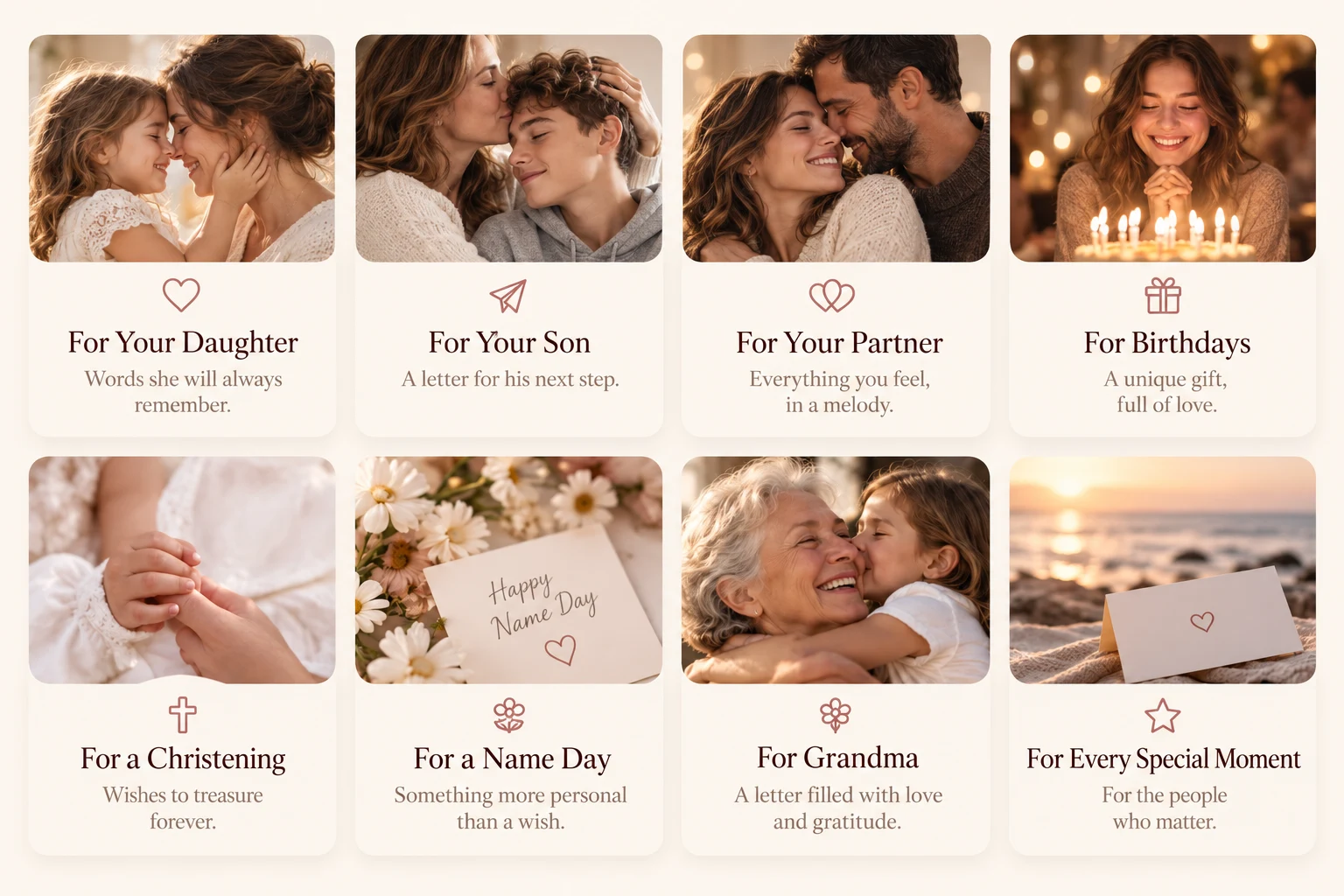 Eight occasions for the Musical Letter: daughter, son, partner, birthday, christening, name day, grandmother, every special moment